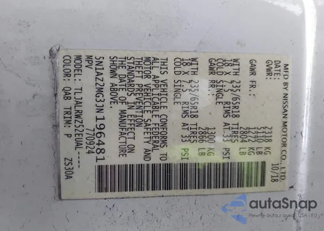 2018 Nissan Murano Sl z USA, uszkodzony, nr VIN 5N1AZ2MG3JN196481